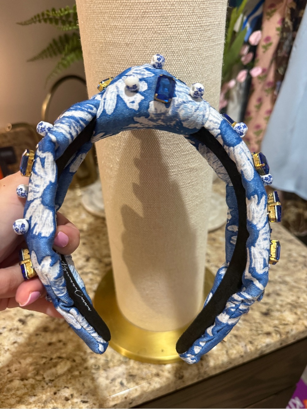 Brianna Cannon Embellished Blue Floral Headband with Sapphire Crystals - Picture 3 of 5